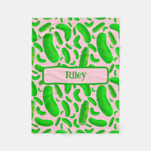 Green Pickles on Soft Pink Background Fleece Blanket