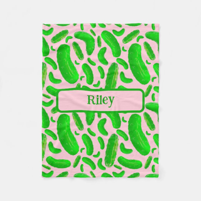 Green Pickles on Soft Pink Background Fleece Blanket (Front)