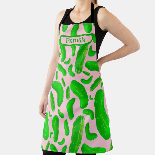 Green Pickles Pink Background Apron (Insitu)