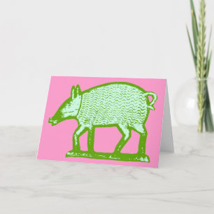 Green Pig Greeting Card: Primitive Folk Art Design Card