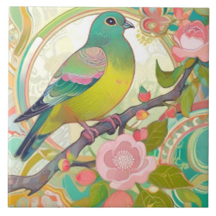 Green Pigeon Bird Pink Floral Spring Flowers Aqua Ceramic Tile