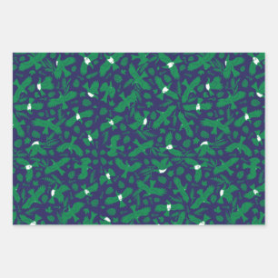 Green pigeons on blue wrapping paper sheet