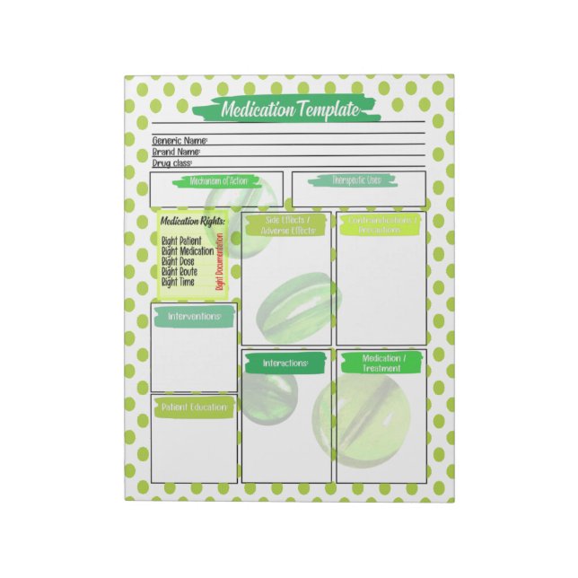 Green Pill Nursing Student Medication Template Notepad (Rotated)