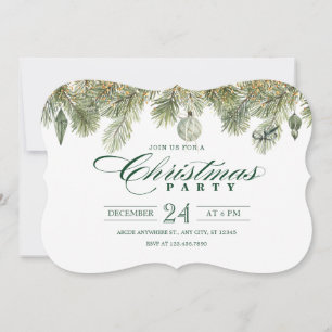 Green pine branch with christmas party ornaments invitation