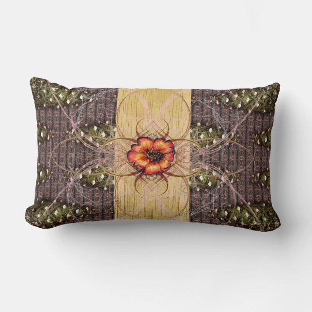 Green Pine Cones and a Red flower Lumbar Cushion (Front)