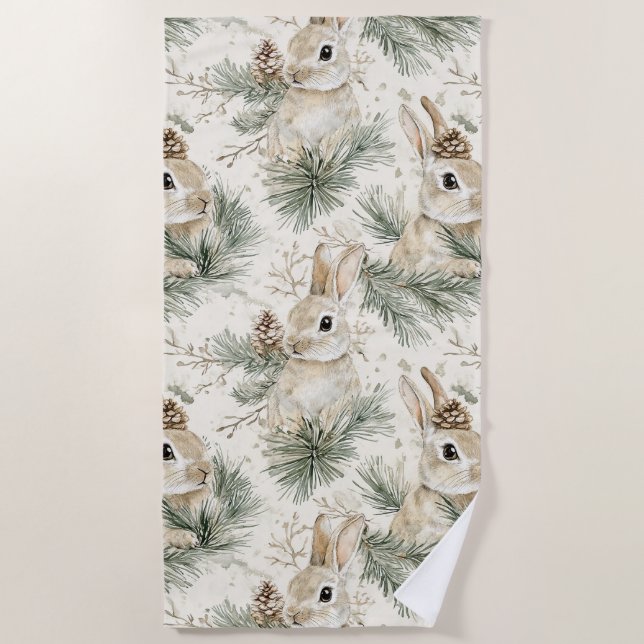 Green Pine Cones Bunny Rabbits Christmas Beach Towel (Front)