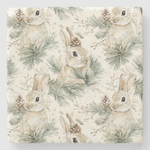 Green Pine Cones Bunny Rabbits Christmas Stone Coaster