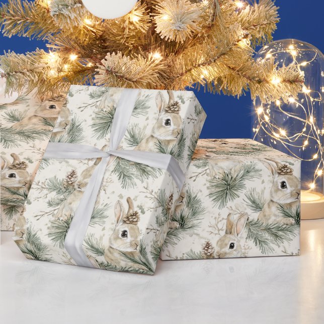 Green Pine Cones Bunny Rabbits Christmas Wrapping Paper (Holidays)