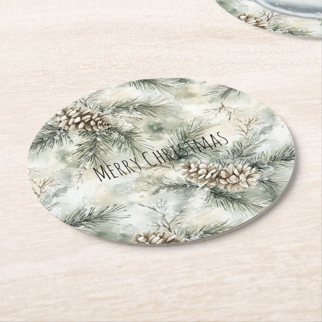 Green  Pine Cones Christmas Round Paper Coaster (Angled)