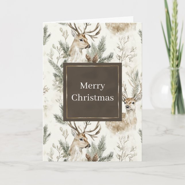 Green Pine Cones Deer Christmas Card (Front)