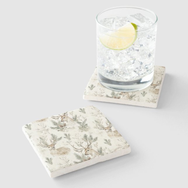 Green Pine Cones Deer Christmas Stone Coaster (Side)