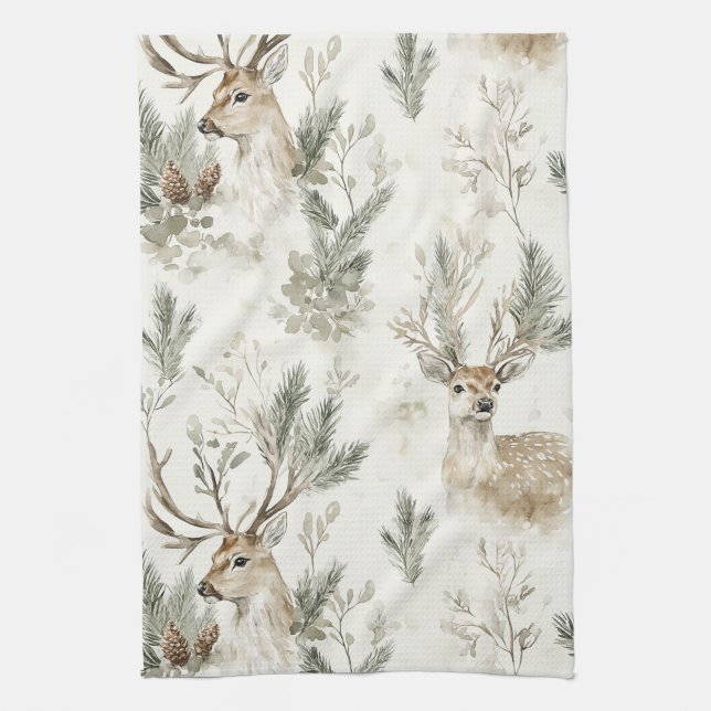Green Pine Cones Deer Christmas Tea Towel (Vertical)