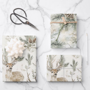 Green Pine Cones Deer Christmas Wrapping Paper Sheet