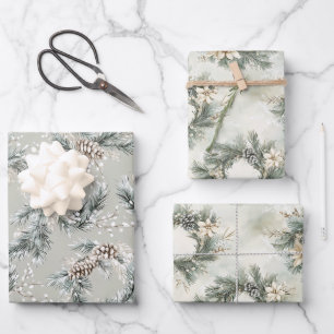 Green Pine Cones Wreaths Christmas Wrapping Paper Sheet