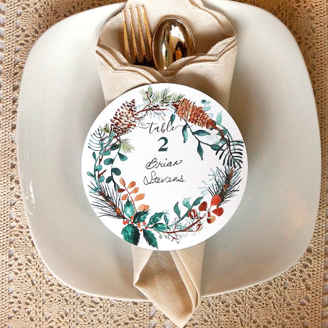 Green Pine Eucalyptus Pinecone Wreath Name Labels Invitation (winter wedding reception table setting name place card unique rustic pinecone pine needles wreath)