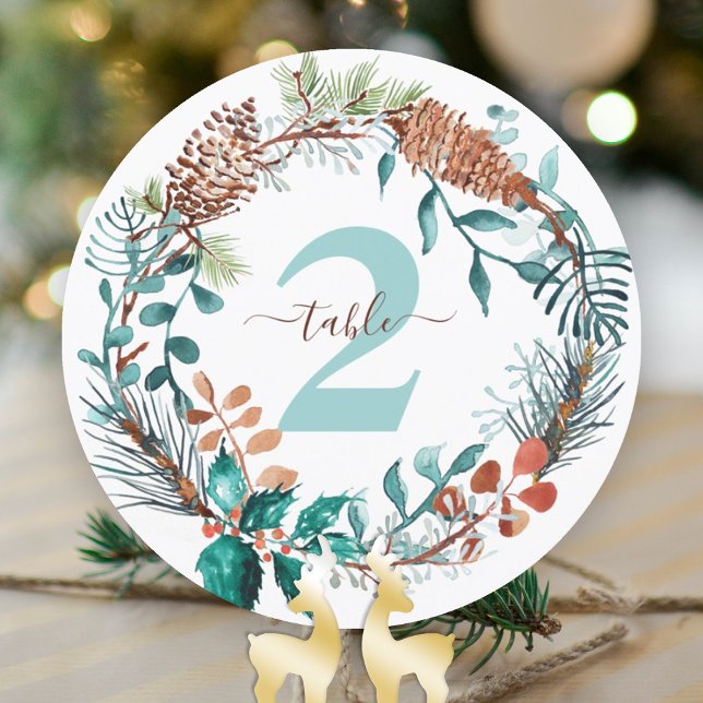 Green Pine Eucalyptus Pinecone Wreath Table Number (winter wedding rustic pine needles eucalyptus table numbers table top sign pinecones green brown)