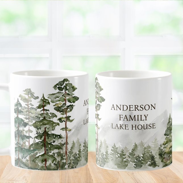 Green Pine Forest Family Lake House Cabin Coffee Mug (In situ)