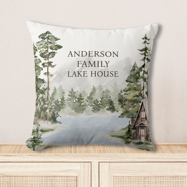 Green Pine Forest Family Lake House Cabin Cushion (In situ)