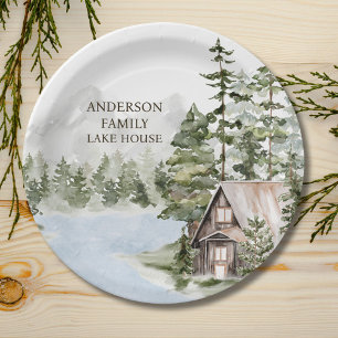 Green Pine Forest Family Lake House Cabin Paper Plate