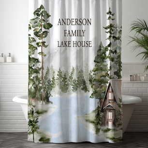 Green Pine Forest Family Lake House Cabin Shower Curtain