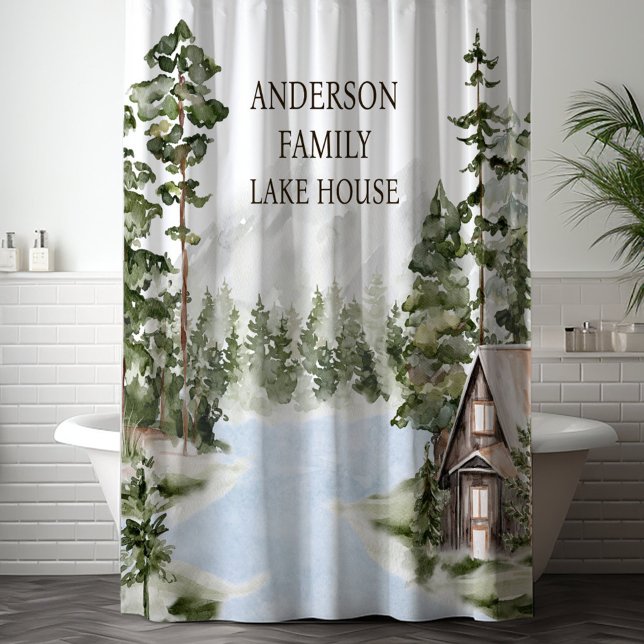Green Pine Forest Family Lake House Cabin Shower Curtain (In situ)