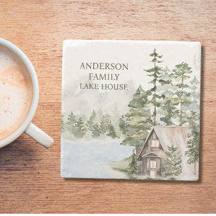 Green Pine Forest Family Lake House Cabin Stone Coaster