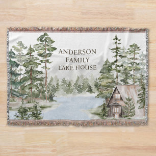 Green Pine Forest Family Lake House Cabin Throw Blanket