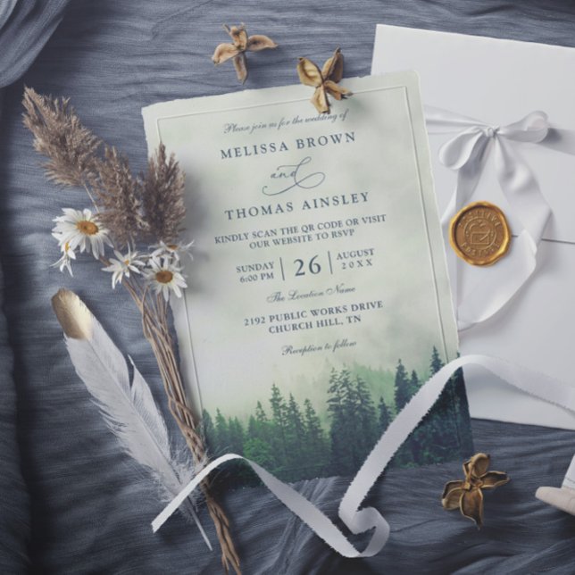 Green Pine Forest Rustic Budget QR Code Wedding Invitation (Creator Uploaded)