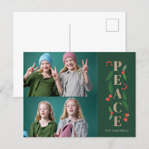 Green Pine Holly Berries Peace Multiple Photo  Holiday Postcard