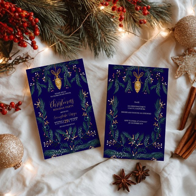 Green pine illustration gold corporate Christmas Invitation (Green pine illustration gold corporate Christmas Invitation)