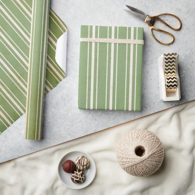 Green Pine Leaves Vintage Stripe Wrapping Paper (Crafts)