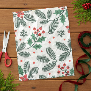 Green Pine Red Holly Berries Snowflakes Holiday Tissue Paper