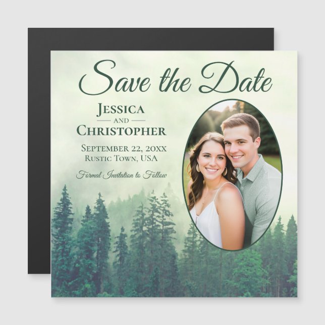 Green Pine Rustic Oval Photo Wedding Save the Date Magnetic Invitation (Front/Back)