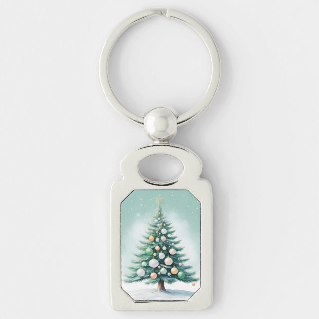 Green Pine Tree and Background | Silver Green Oran Key Ring (Front)