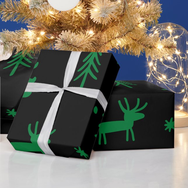 Green Pine Tree Black Christmas Pattern    Wrapping Paper (Holidays)
