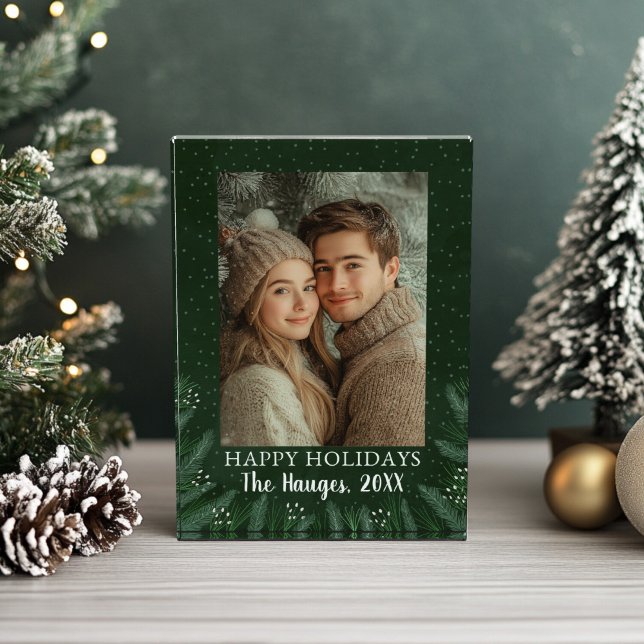 Green Pine Tree Happy Holidays Photo Block (Green Pine Acrylic Photo Block)