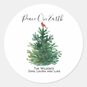 Green Pine Tree Red Cardinal Peace on Earth Custom Classic Round Sticker