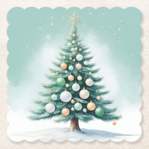 Green Pine Tree Silver Green Orange Globes Paper Coaster