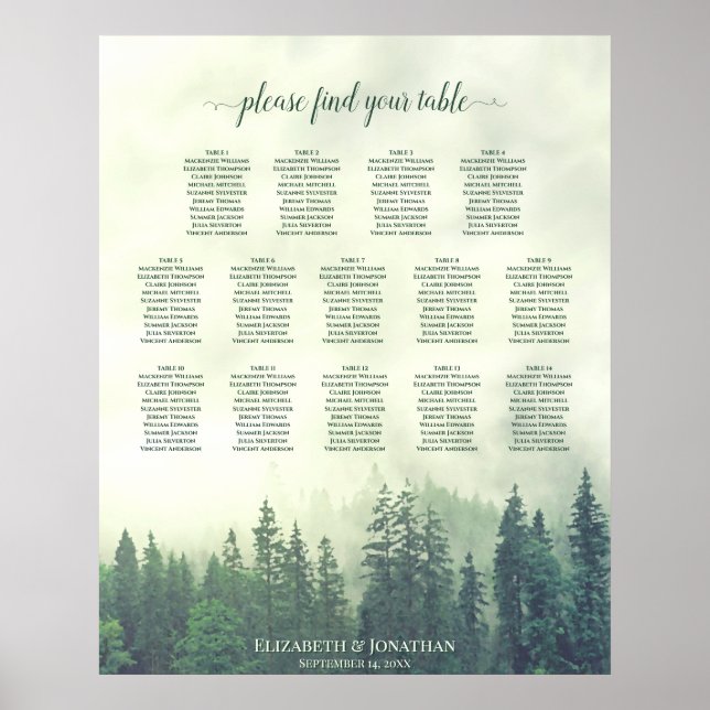 Green Pine Trees 14 Table Wedding Seating Chart (Front)