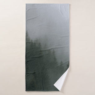 GREEN PINE TREES COVERED WITH FOG BATH TOWEL