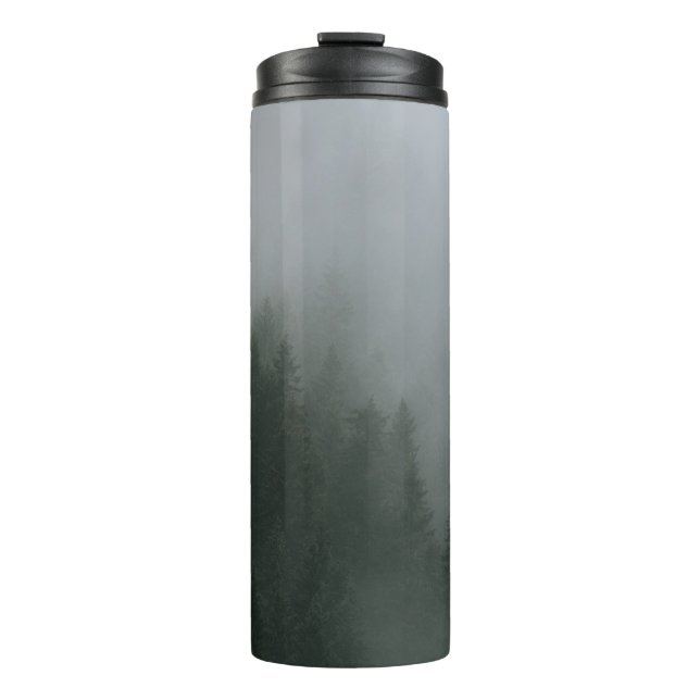 GREEN PINE TREES COVERED WITH FOG THERMAL TUMBLER (Front)