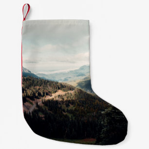 GREEN PINE TREES ON MOUNTAIN UNDER WHITE CLOUDS DU SMALL CHRISTMAS STOCKING