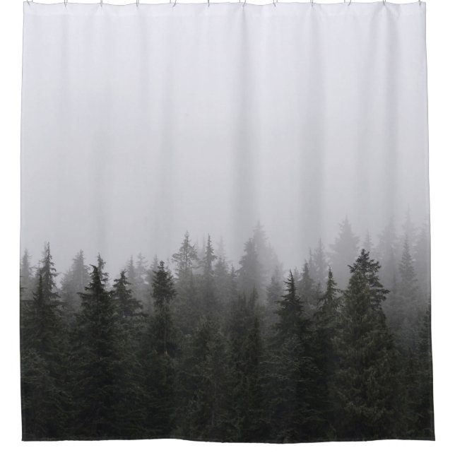 GREEN PINE TREES UNDER WHITE SKY SHOWER CURTAIN (Front)