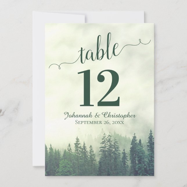 Green Pine Trees Wedding Table Number Card Large (Front)