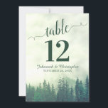 Green Pine Trees Wedding Table Number Card Large<br><div class="desc">These beautiful wedding table number cards feature an elegant yet rustic design with a fancy script calligraphy title and a backdrop of green mountain pine trees shrouded in mist or fog. These cards are larger than standard making it easy for your guests to find their tables. Perfect way to make...</div>