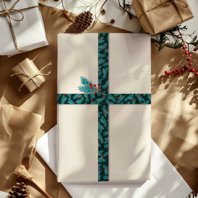 Green Pine Twigs and Red Berries Christmas Pattern Satin Ribbon (Creator Uploaded)