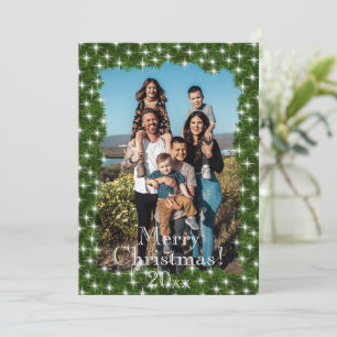 Green Pine Twinkle Lights Photo Personalised Holiday Card