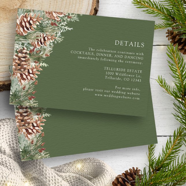 Green Pine Wedding Details Enclosure Card (Green Watercolor Evergreen Pinecone Wedding Details Enclosure Card by Painted Paperie)