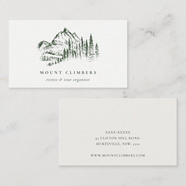 Green Pine Woods Mountain Sketch Climbing Camping Business Card (Front/Back)