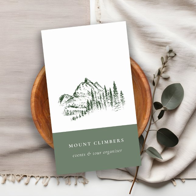 Green Pine Woods Mountain Sketch Climbing Camping Business Card (Creator Uploaded)